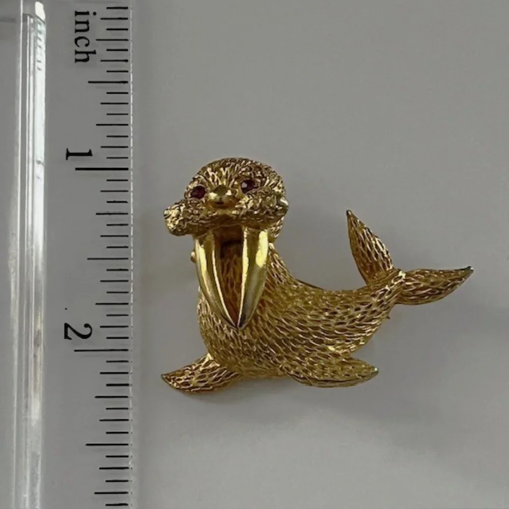 Walrus Brooch Gold Tone Pink Gem Rhinestone Eyes Marine Sea Life Figural Pin
